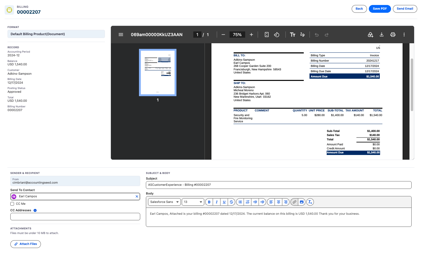 Sample customized Billing PDF generated with Enhanced PDF Formats