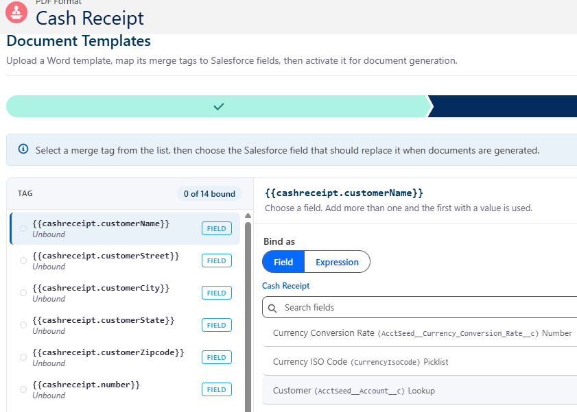 Mapping merge tags to Cash Receipt fields