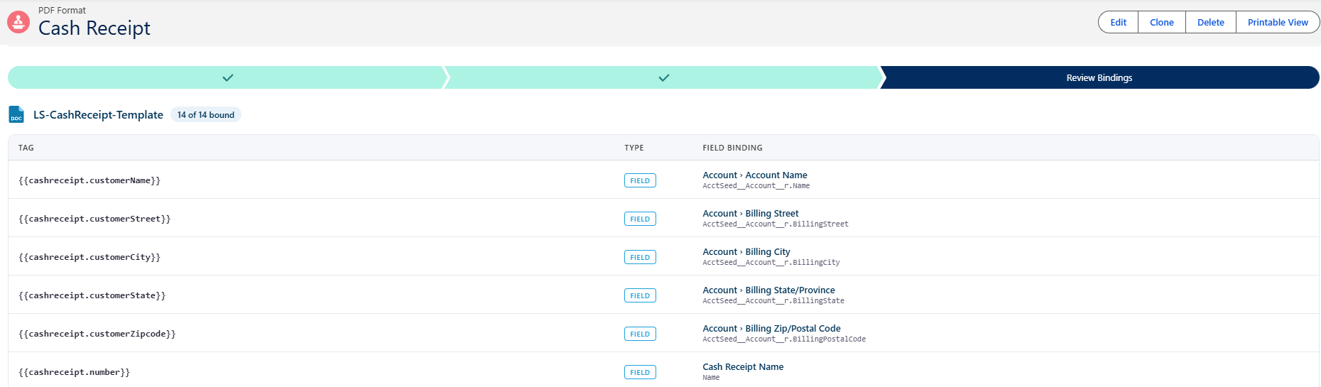 Review Bindings view for the Cash Receipt template