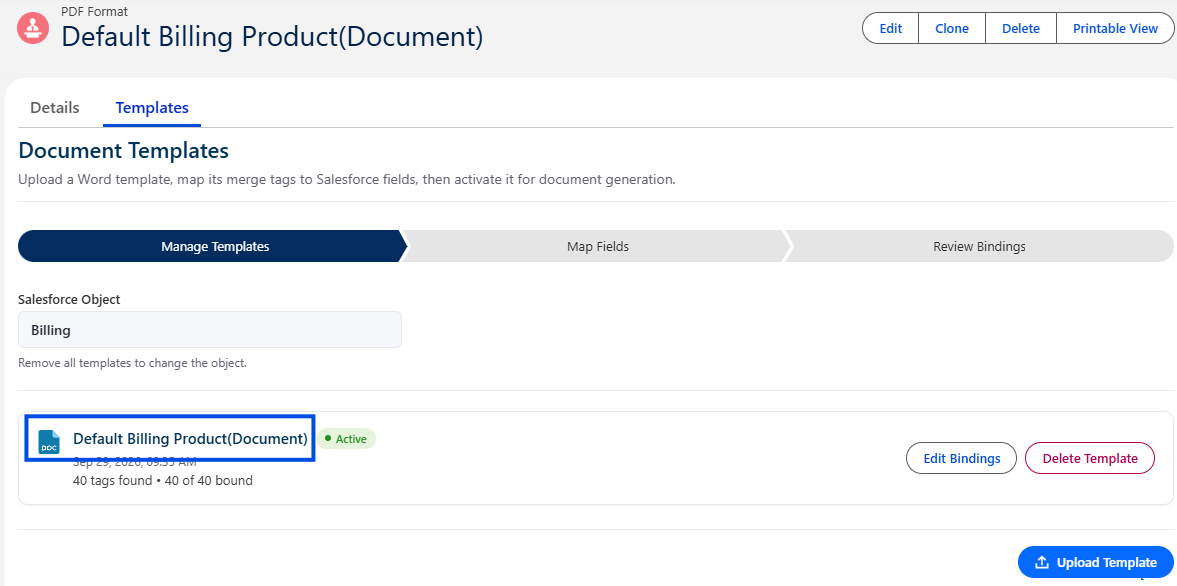 Templates tab showing the .docx template