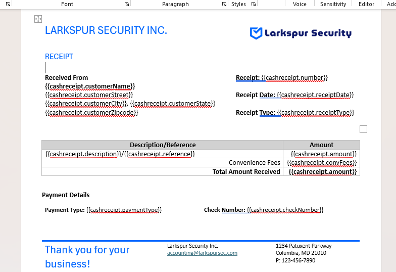 Example Cash Receipt template with merge tags