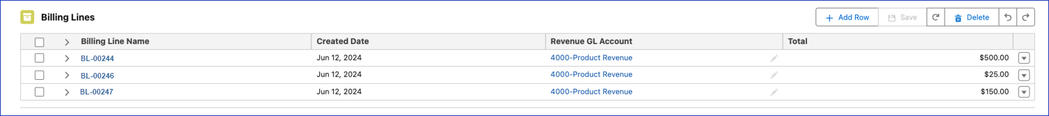 Advanced Line Manager grid displaying existing Billing Lines