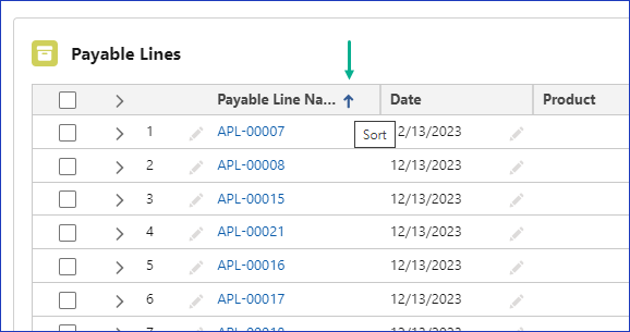 Sortable column headings on the Advanced Line Manager grid