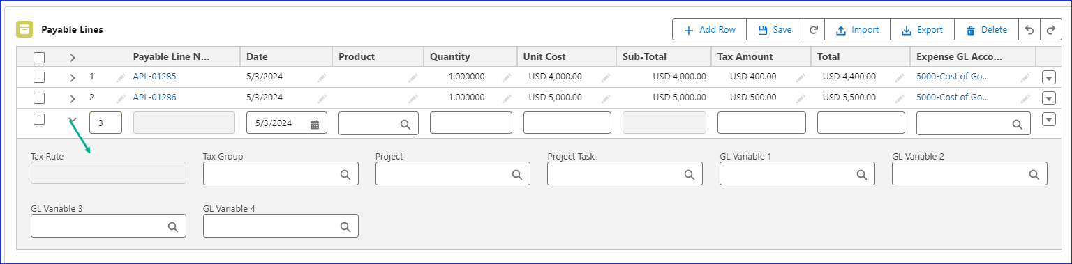 Expanded row showing optional fields