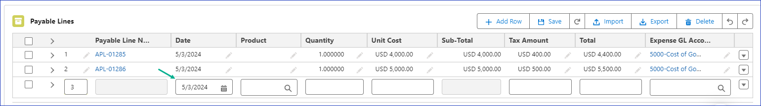 New row added with the Date field auto-populated