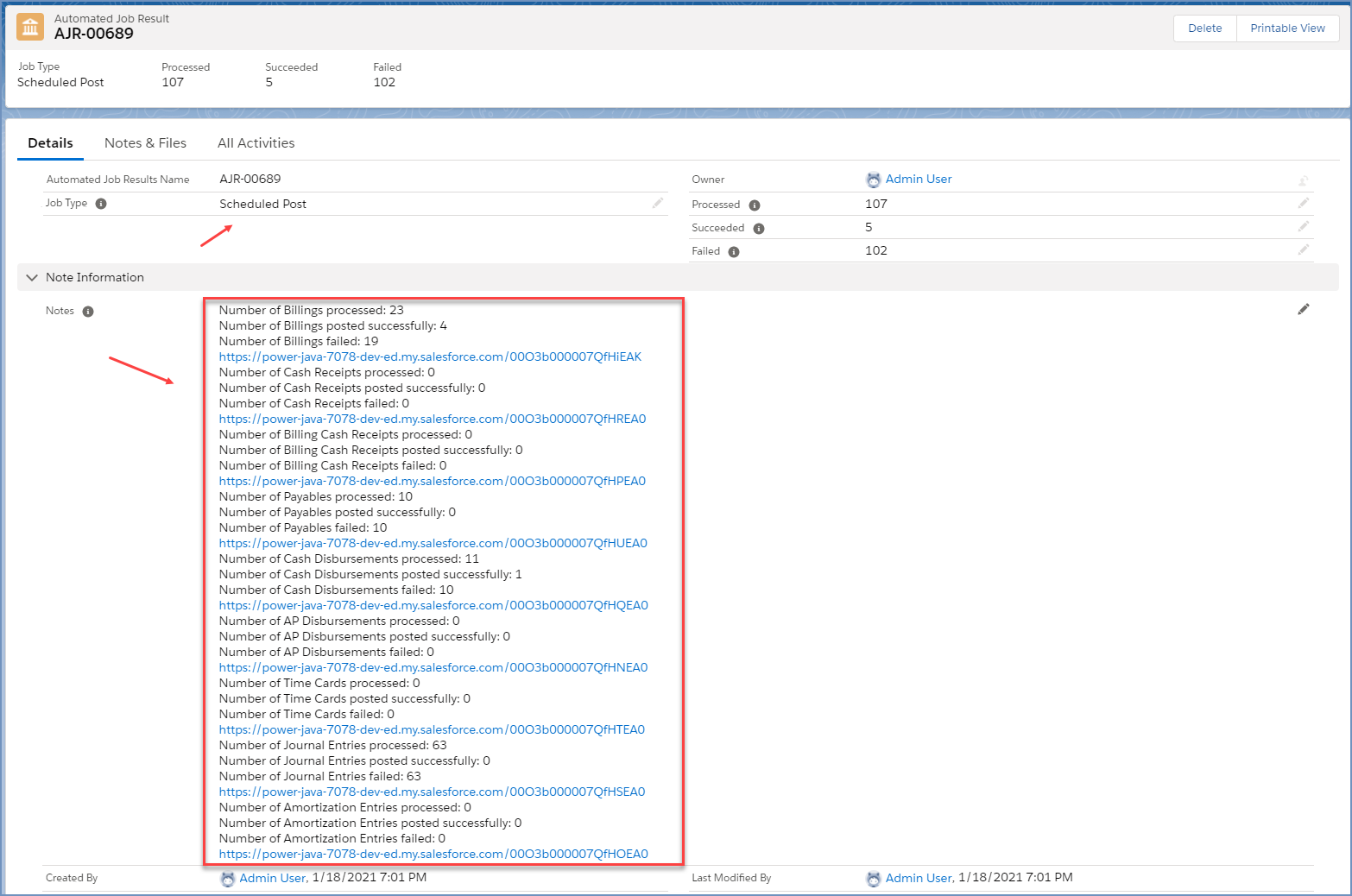 Automated Job Result for the Scheduled Post job, with a hyperlink for each automated job