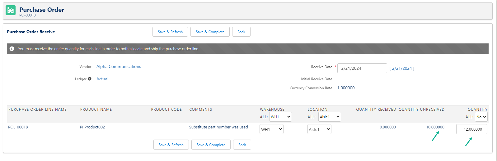 Purchase Order Receive screen