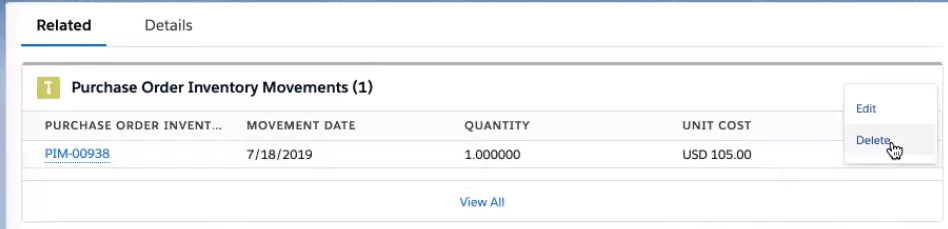 Deleting the Purchase Order Inventory Movement