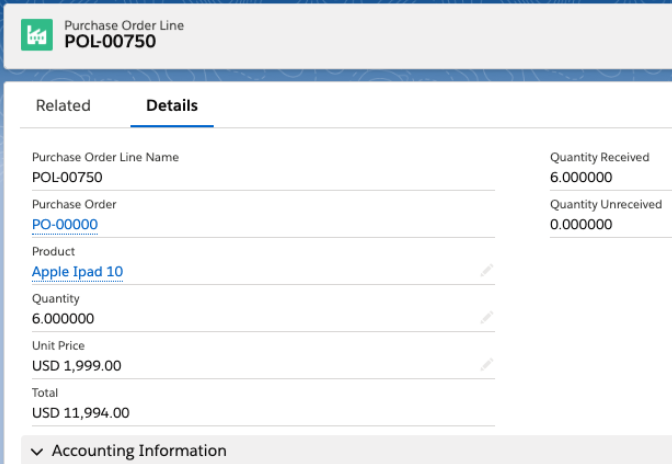 Purchase Order Line Related tab showing PIM record