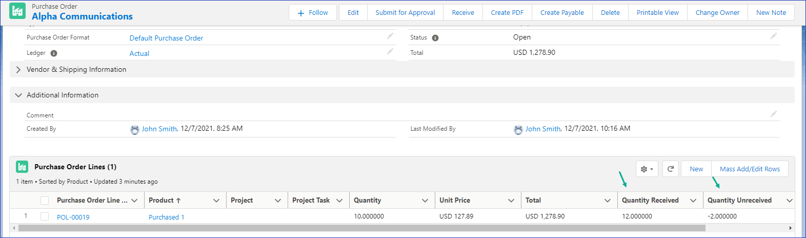 Over-receive sample showing 12 items received instead of 10