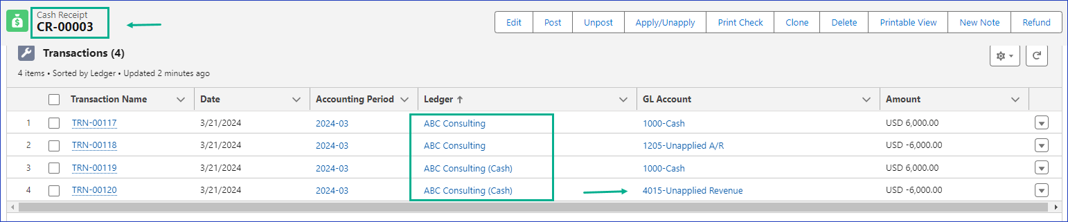 Cash Receipt Posted - Cash Ledger transactions