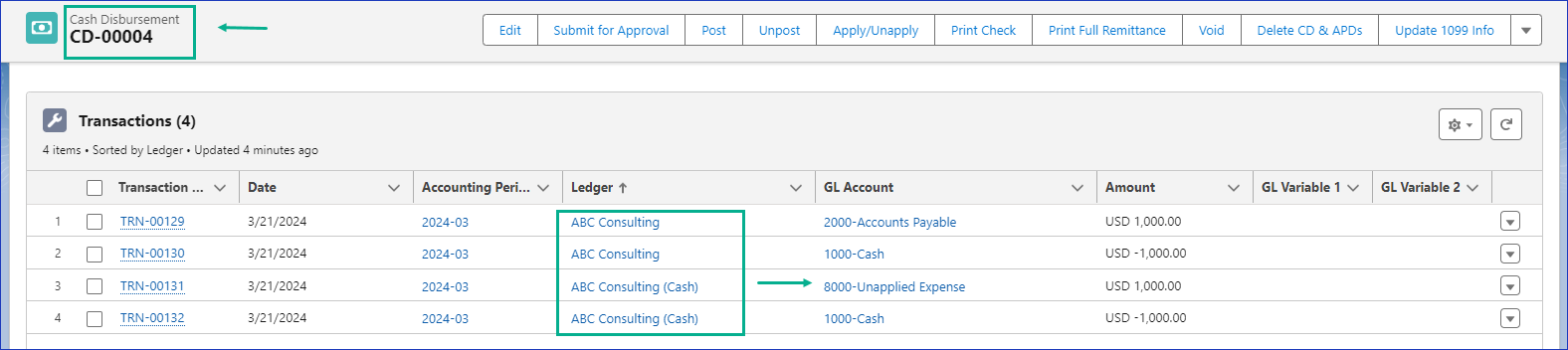 Cash Disbursement Posted - Cash Ledger transactions