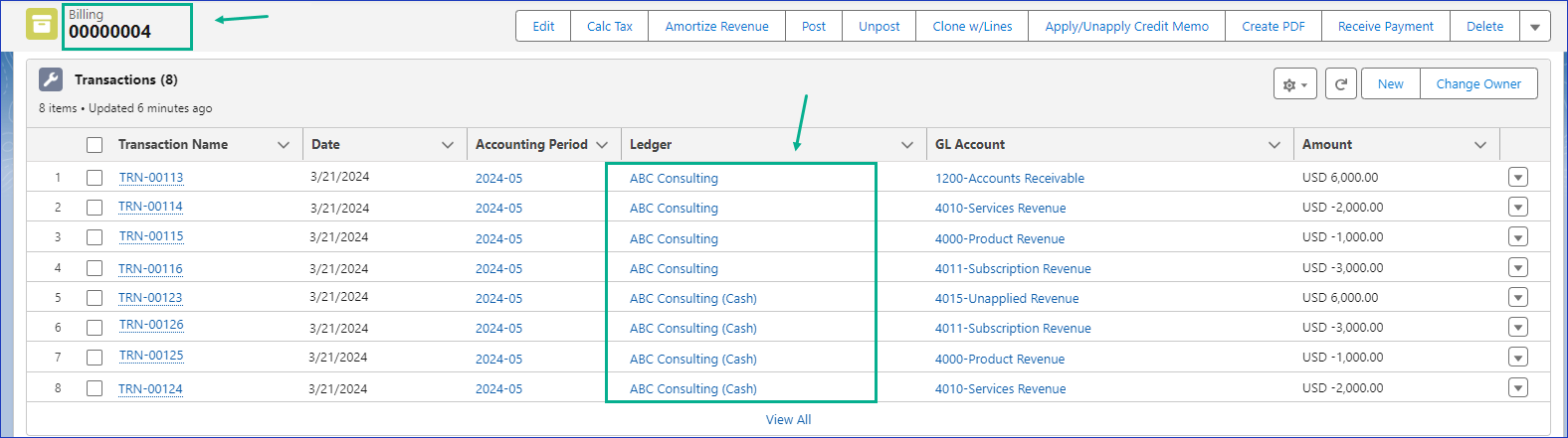 BCR transactions on Billing - Accrual and Cash Ledger