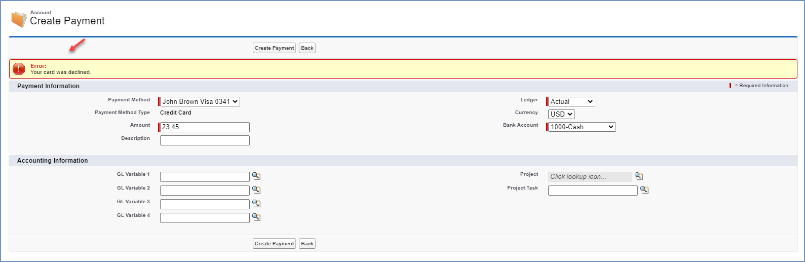 Sample screen showing a declined prepayment message on an Account record